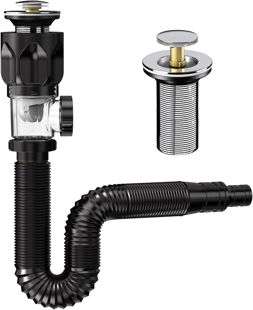 Upgraded 2 in 1 Bathroom Sink Drain Kit with Flexible P-Trap, Suitable for 1-1/4'' or 1-1/2'' PVC Drain Pipe, Pop Up Drain with Anti-clogging Sink Stopper, Ten Minutes Easily Installation (Black)