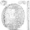 Jenaai Disco Ball Large Piata 16 Inch, Round Blank Disco Piata with Stick Blindfold and Confetti for Adults and Kids' Birthday Parties, Carnivals New Year Decorations Supplies(Shiny Silver)