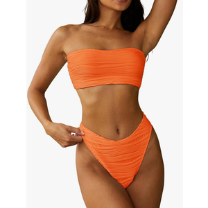 ZAFUL Women Strapless Textured Bandeau Bikini 2 Piece Swimwear Cheeky Solid Lace up Bathing Suits. Size L