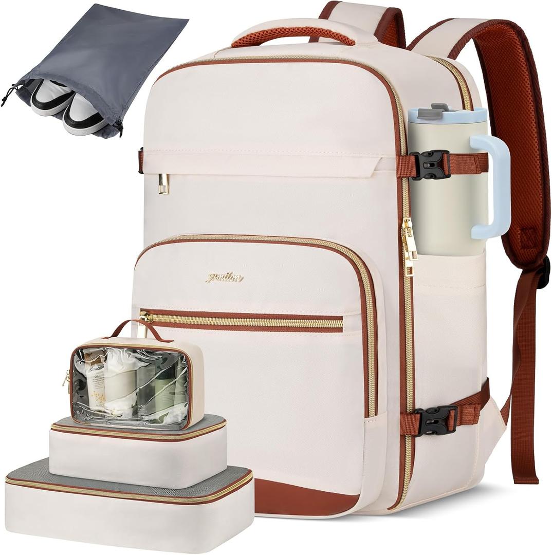 Travel Laptops Backpack for Women,Large Carry On Luggage for Airplanes Weekender Bags for Personal Items,Airline Approved TSA Overnight Bags with 4 Packing Cubes (Beige)