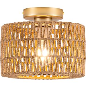 Rattan Ceiling Light, 1 Light Bohemian Modern Woven Flush Mount Ceiling Light, Boho Light Fixture for Bedroom Living Room Dining Room, Gold Finish