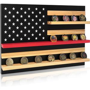 Large American Flag Challenge Coin Wall Display Holder, Solid Wood 3 Rows Thin Red Line Firefighter Coin Display Rack Stand, Holds 30 Coins, Ideal for First Responders Military Veterans
