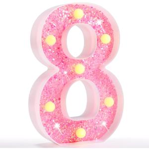 Pooqla Marquee Numbers, Pink Light Up Numbers for Girls 8th 18th Birthday, Battery Powered Glitter Number Night Light Gift for Christmas Bedroom Dorm Classroom Party Decoration, Pink Number 8 (Warm White)