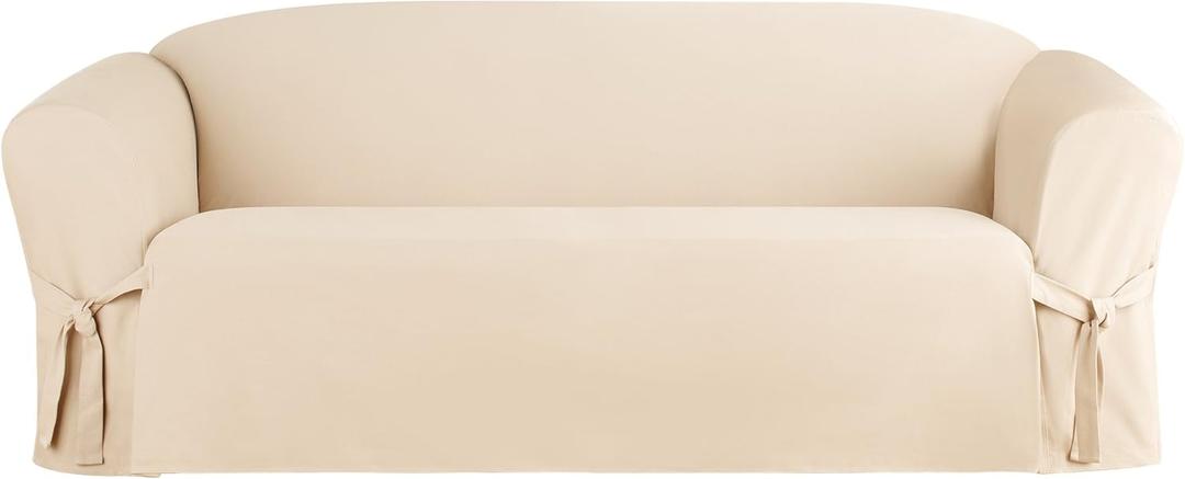 SureFit Duck Cotton Solid Sofa Slipcover (Natural Color) - One Piece Full Length Relaxed Sofa Cover with Corner Ties/Machine Washable/Perfect for Protecting Your Favorite Furniture