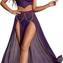 Avidlove Women Lingerie Babydoll Chemise 3 Piece Set Mesh Side Split Nightgown (Purple, L)