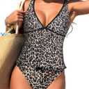 ZAFUL Women's Tankini Swimsuits V Neck Tummy Control Bow Color Block Two Piece Swimsuit Bathing Suit (X-Large, 1-leopard)