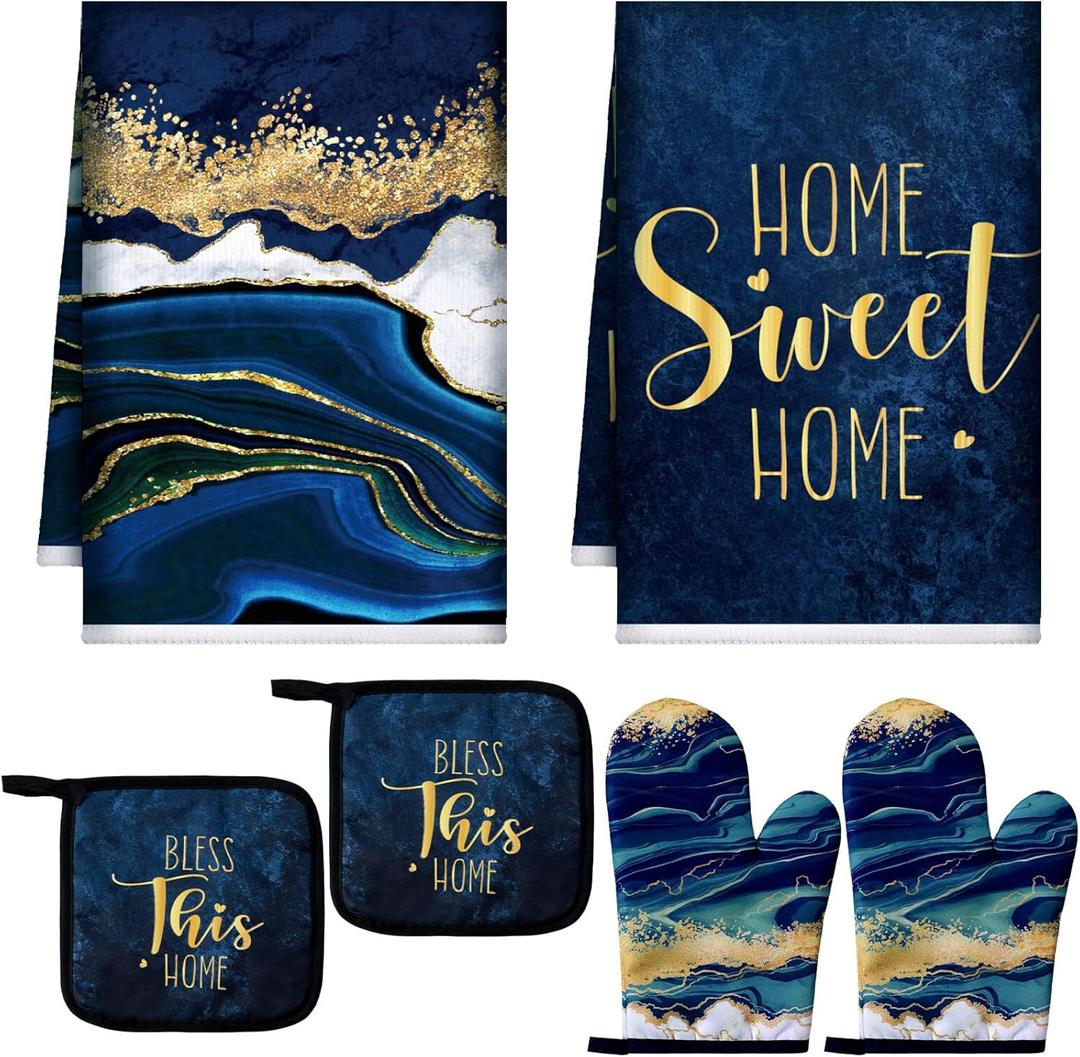 Bencailor 6 Pcs Marble Kitchen Decor Gold Pot Holders Oven Mitts 2 Dish Towels 1 Farmhouse Cooking Mittens Oven Glove and Potholder for Baking Cooking Grilling Supply Accessories(Blue)