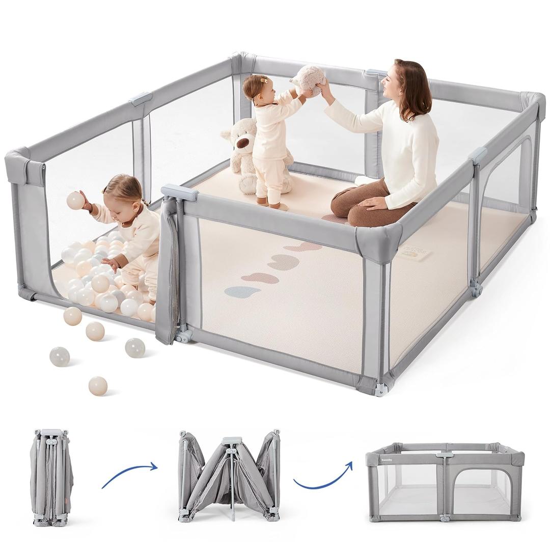 Sweeby Baby Playpen, 59x59 Inch Gate Foldable for Babies and Toddlers, Extra Large With Door Play Yard for Fence Indoor and Outdoor, Gray (Grey(with Door))