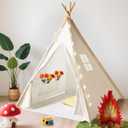 Little Dove Teepee Tent for Kids Foldable Teepee Play Tent with Carry Case, Banner, Fairy Lights, Olive Branches, Four Poles Style Raw White Color - New Version Tiny House