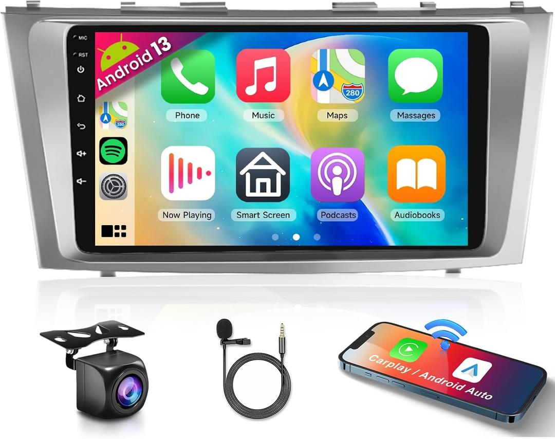 Podofo Android 13 Car Stereo for Toyota Camry 2006 2007 2008 2009 2011 with Wireless Carplay Android Auto, 9 Inch Touch Screen Car Radio GPS/ WiFi/ Bluetooth/ HiFi Audio/ USB/ SWC+HD Backup Camera
