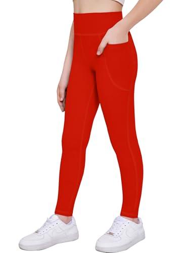 Arshiner Girls Athletic Leggings High Waist Yoga Pants for Kids with Pockets Dance Running Workout Tights Red, Size 130
