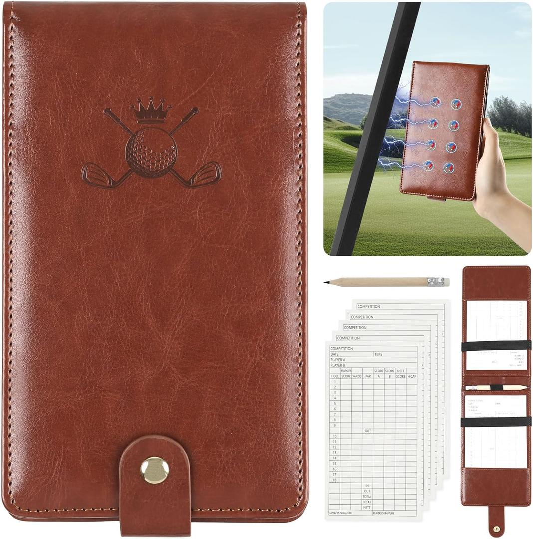Archerest Magnetic Golf Scorecard Holder, 7.48" x 4.33" Premium Leather Yardage Book Cover Golf with A Pencil and Five Double Sided Printed Scorecards, Golf Accessories and Scorecard Book (Brown)