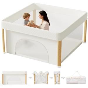Cbcvvaer Foldable Baby Playpen, 59x59 Foldable Play Pen for Babies and Toddlers, Portable Playpen Indoor Outdoor, Kids Safety Area Travel Play Yard with Storage Bag White
