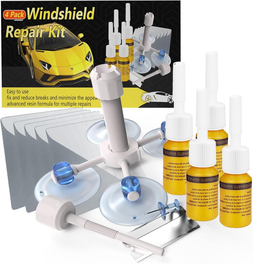 3 x CLAMPER Windshield Crack Repair Kit, Windshield Repair Kit for Chips and Cracks, 4 Pcs Car Glass Repair Kit, Cracks Gone Glass Repair Kit Automotive Quick Fix for Chips, Cracks, Bullseyes (Yellow)