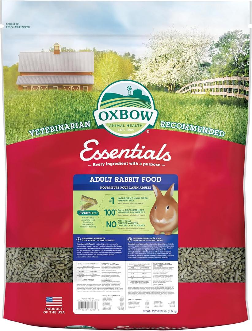 Oxbow Essentials Rabbit Food, Adult, Made with Oxbow Timothy Hay for Rabbit, Pet Pellets with Vitamins & Minerals, Small Animal Pet Products, Bunny Food, Made in USA, High Fiber, 25 lb. bulk bag (25 Pound (Pack of 1))
