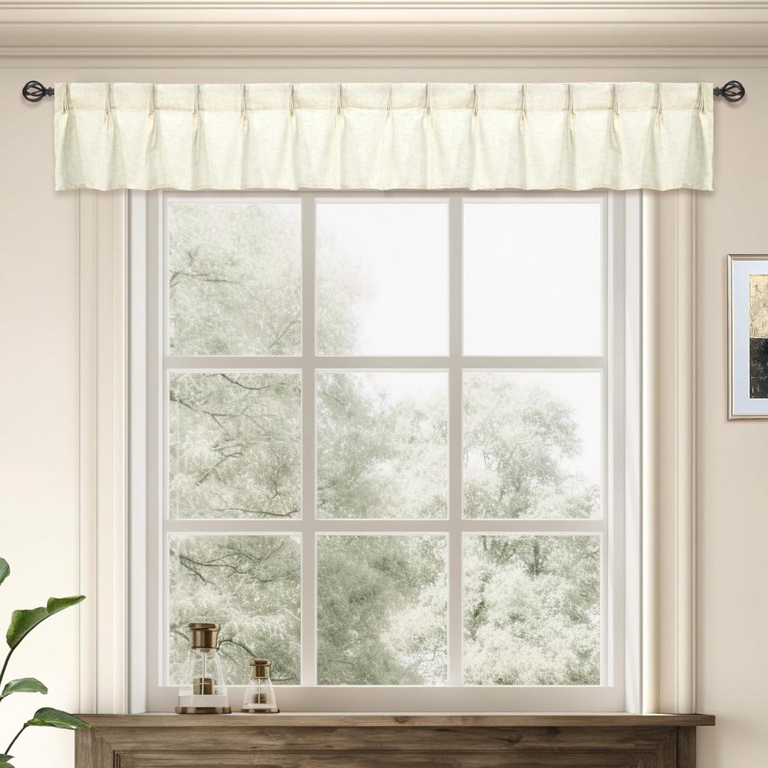 DriftAway Pinch Pleat Valance for Kitchen Window Linen Textured Solid Beige Valance 108 Inch Extra Wide Valance for Living Room Farmhouse Linen Curtain Valance Back Tab 108x16 Light Linen