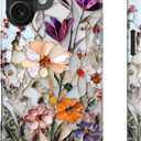 LUHOURI for iPhone 16 Case,Wireless Charging Compatible,Dual-Layer - Soft Silicone Inner + Hard Outer Shell,Cute Wildflower Design,Protective Phone Cover for Women - Marble Pressed Flowers