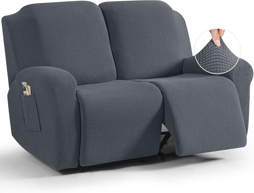 TAOCOCO Recliner Loveseat Slipcover, 6 Pieces Dual Recliner Sofa Covers for 2 Seat Dual Reclining Loveseat Couch, Stretch Soft Jacquard Pattern Furniture Protector with Elasticity (Grey)