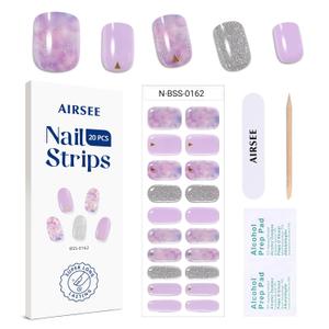 AIRSEE Semi Cured Gel Nail Strips Kit(Violet Shimmer)-Works with Any UV Nail Lamps light, Salon-Quality,Long Lasting, Easy to Apply & Remove - Includes 20Pcs 2 Prep Pads, Nail File & Wooden Stick