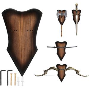Sword Wall Mount Brown Swords Plaque Adjustable Vertical Sword Stand Multifunctional Wood Katana Wall Mount Stand for Displaying Medieval Bow Dagger Axe Anime Prop (Brown,S)