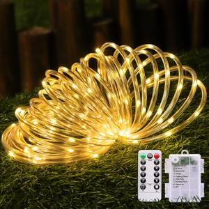 JMEXSUSS 100 LED Battery Operated Rope Lights Outdoor Waterproof, 33ft 8 Modes Battery Powered String Lights with Remote Outdoor for Trampoline Camping Tent Patio Garden Christmas Decor (Warm White)