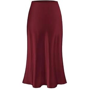 Amy Babe Womens Satin Silk Midi Skirt High Waist A-Line Casual Elastic Waist Long Skirts for Women Wine Red S