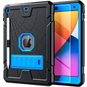 TSQQST iPad 9th Generation Case 2021 / iPad 8th Generation Case 2020 / iPad 7th Generation Case 2019 with Glass Screen Protector | Kids Proof iPad 10.2 Case with Pencil Holder Stand | Black+Blue
