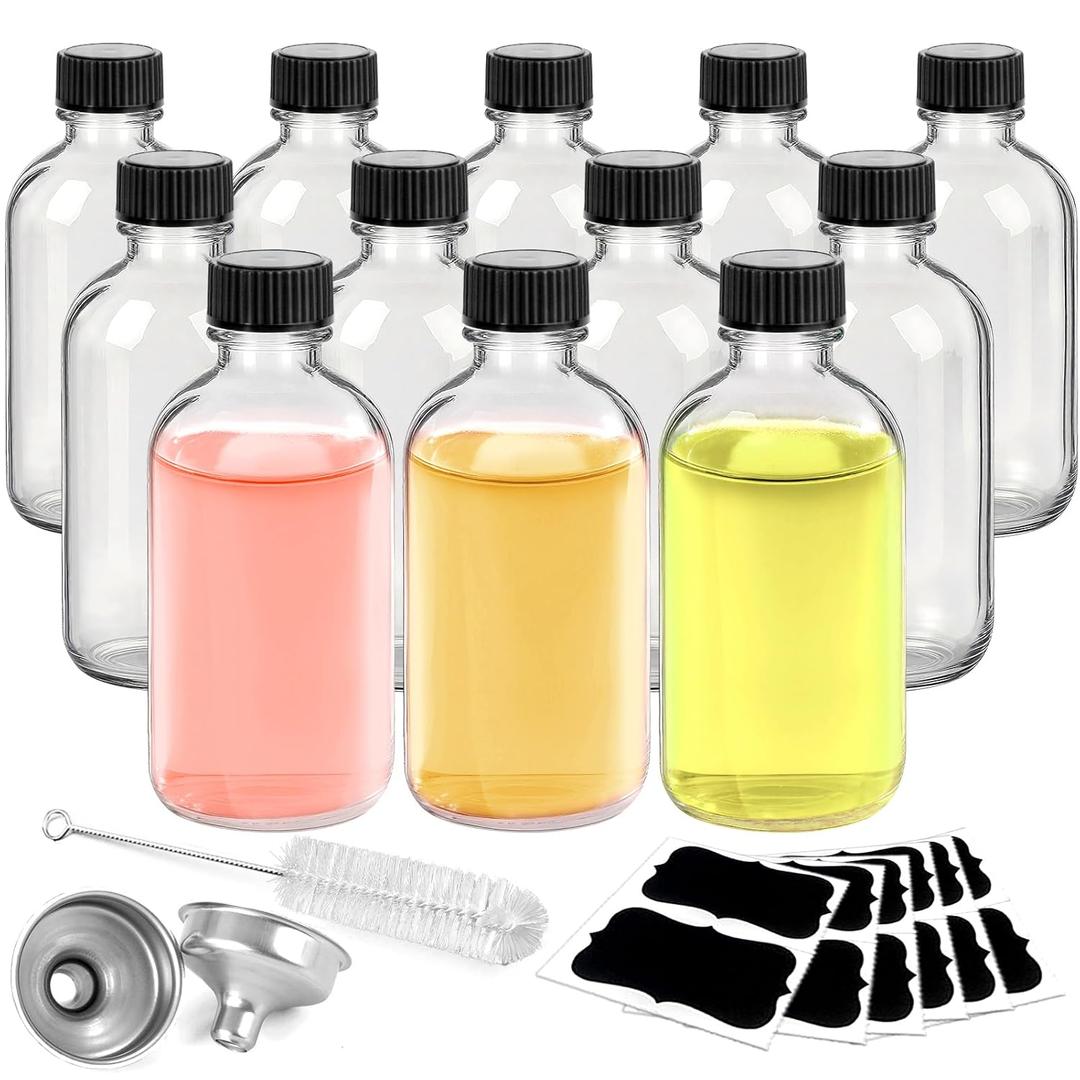 Glass Bottles with Lids and Funnels, 12 Pack 2oz Mini Tavel Bottles-Leakproof Boston Round Glass Bottles for Diy Essential Oils, Perfumes, Cosmetics-Travel Essential