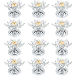 12 PCS Silver Crystal Flower Tea Light Holder, Bulk Glass Tealight Candlestick with Metal Base, Votive Candle for Table Centerpiece, Wedding,Parties Decor, Nice Gift