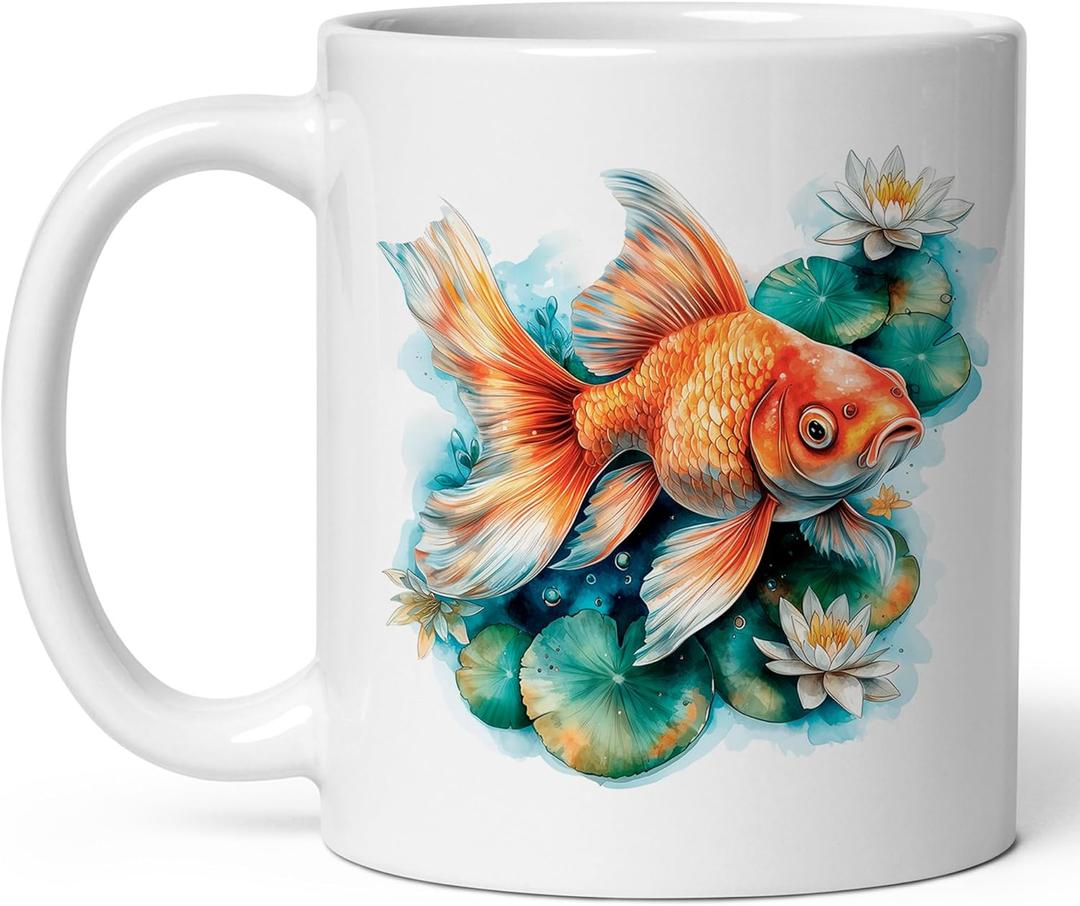 Goldfish Ceramic Coffee Mug 11oz Carp Fancy Fin - Tea Coffee Mug with Comfortable Grip - Unique Animal Gift Cup for Office or Home - Vibrant Long-Lasting Print ID44991