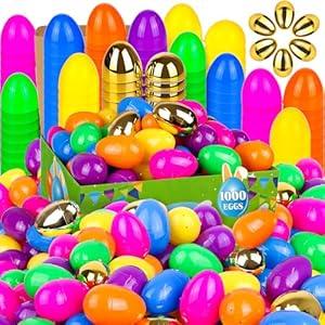 1000 PCS 2.4" Colorful Fillable Easter Eggs with 6 Surprise Golden Eggs, Plastic Easter Egg Empty for Easter Egg Hunt Party Favors Kids Easter Basket Stuffers Fillers Classroom Prizes for Boys Girls