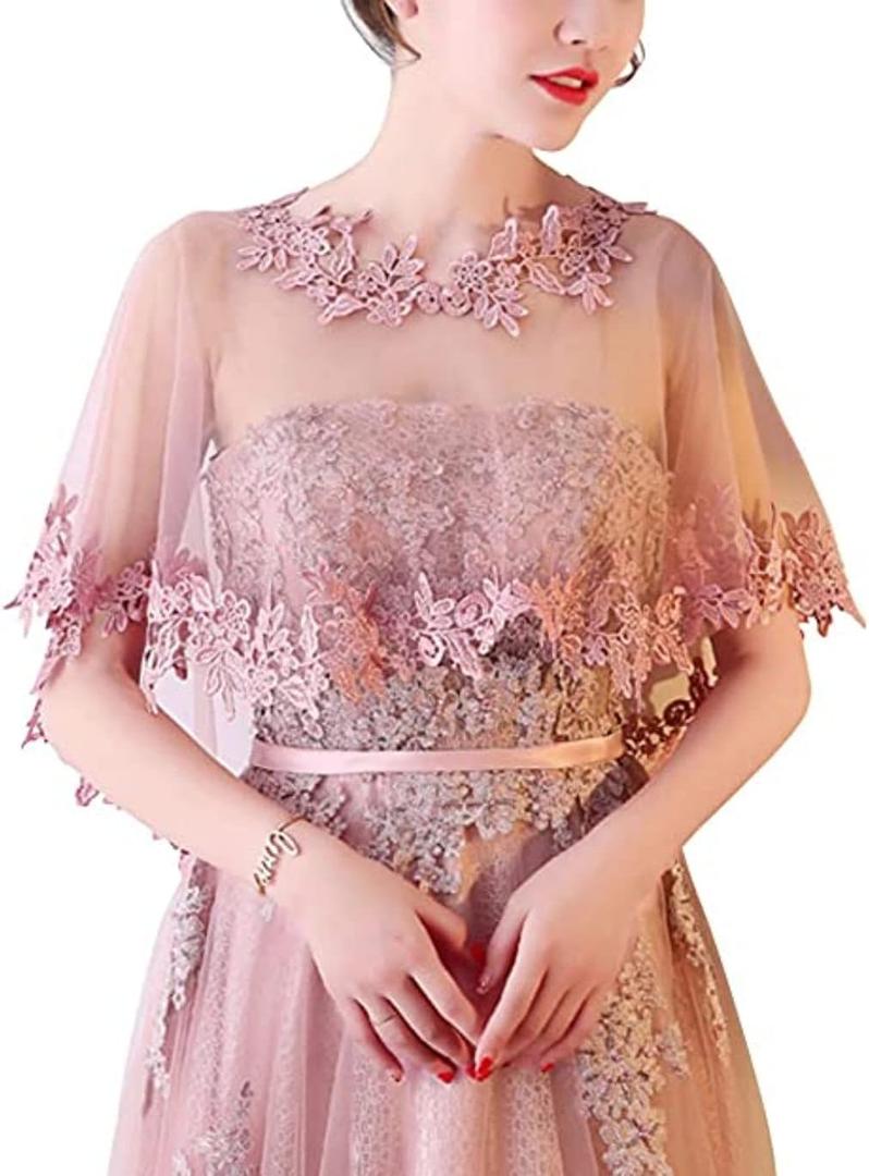 Women's Wedding Jackets Lace Bridal Bolero Shawl Tulle Cape for Bride Bridesmaid Wrap Shrug (One Size, Blush)