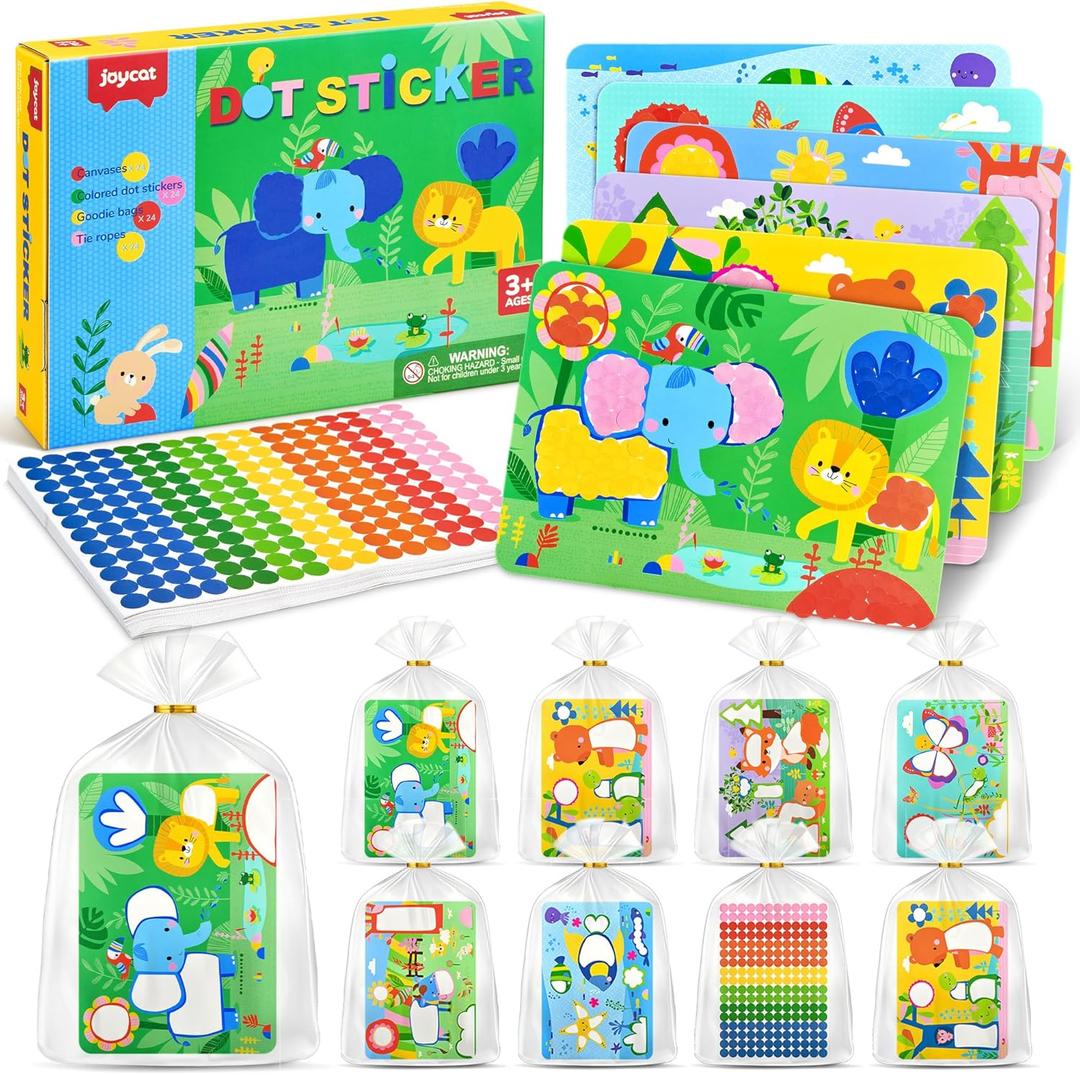 JoyCat 24 Pack Dot Art Craft Kits for Kids Party Favors, Mess-Free Dot Sticker Activity Set with 4800+ Stickers & Goodie Bags, Classroom Prizes, Treasure Box Toys, Goodie Bag Stuffers Ages 3-8