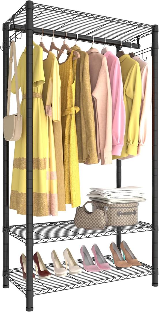 Xiofio 3 Tiers Heavy Duty Clothes Rack for Hanging Clothes Rack,Freestanding Closet with 2 Side Hooks and Hanging Rod, 29.1" L x 15.7" W x 76.3" H,Max Load 500LBS,Black