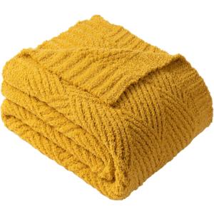 Battilo Yellow Chenille Throw Blanket for Couch, Soft Diamond Textured Knit Blanket, Cozy Lightweight Decorative for Sofa, 50"x60" 