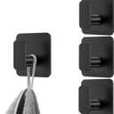 Black Square Adhesive Hooks for Shower, Bathroom, Kitchen, Robe, Towel, Coat, Waterproof & Rustproof Heavy Duty Hook for Walls No Damage, Stainless Steel Sticky Hook (4)
