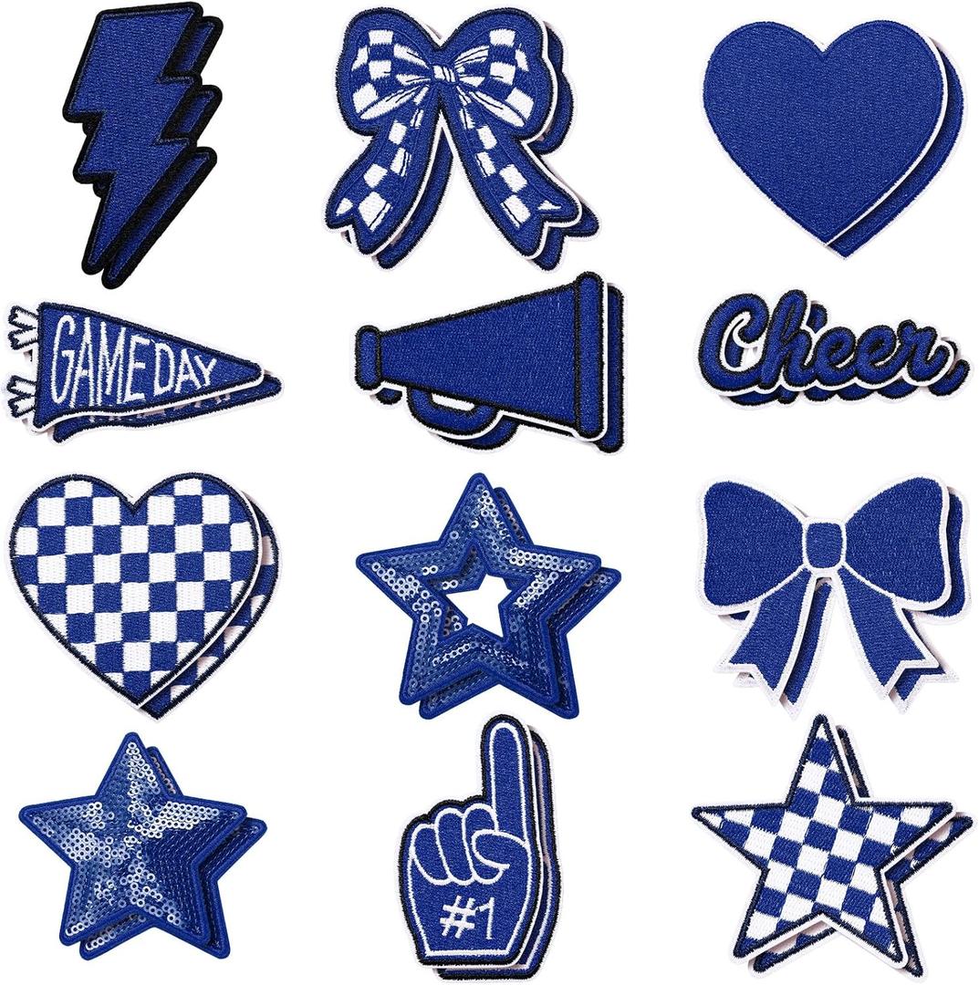 Glitinsel 24 Pcs Blue Game Day Cheer Patches Iron on Embroidered Football Patches Sew on Appliques for Hats Backpacks Clothes Football Enthusiasts Team Fans DIY Cratfs(Game Day)