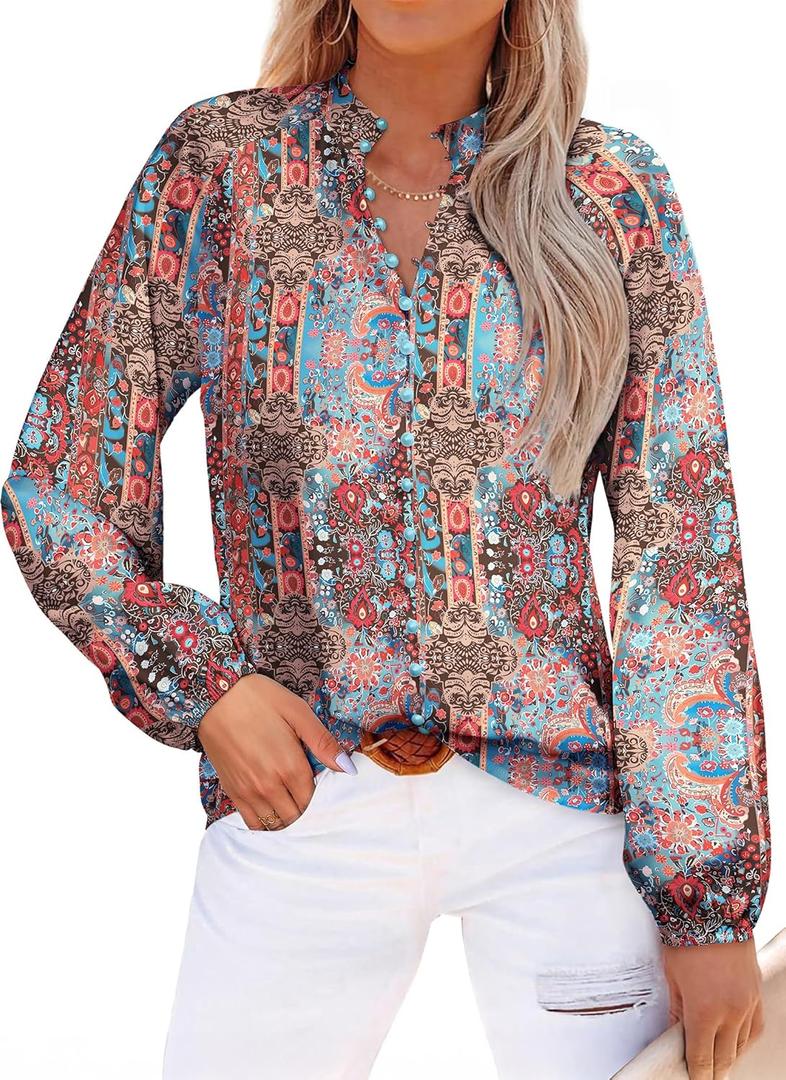 AGSEEM Womens Button Down Shirts Lantern Long Sleeve Boho Floral Print Chiffon Dressy Business Casual Blouses Tops 2026 (L)