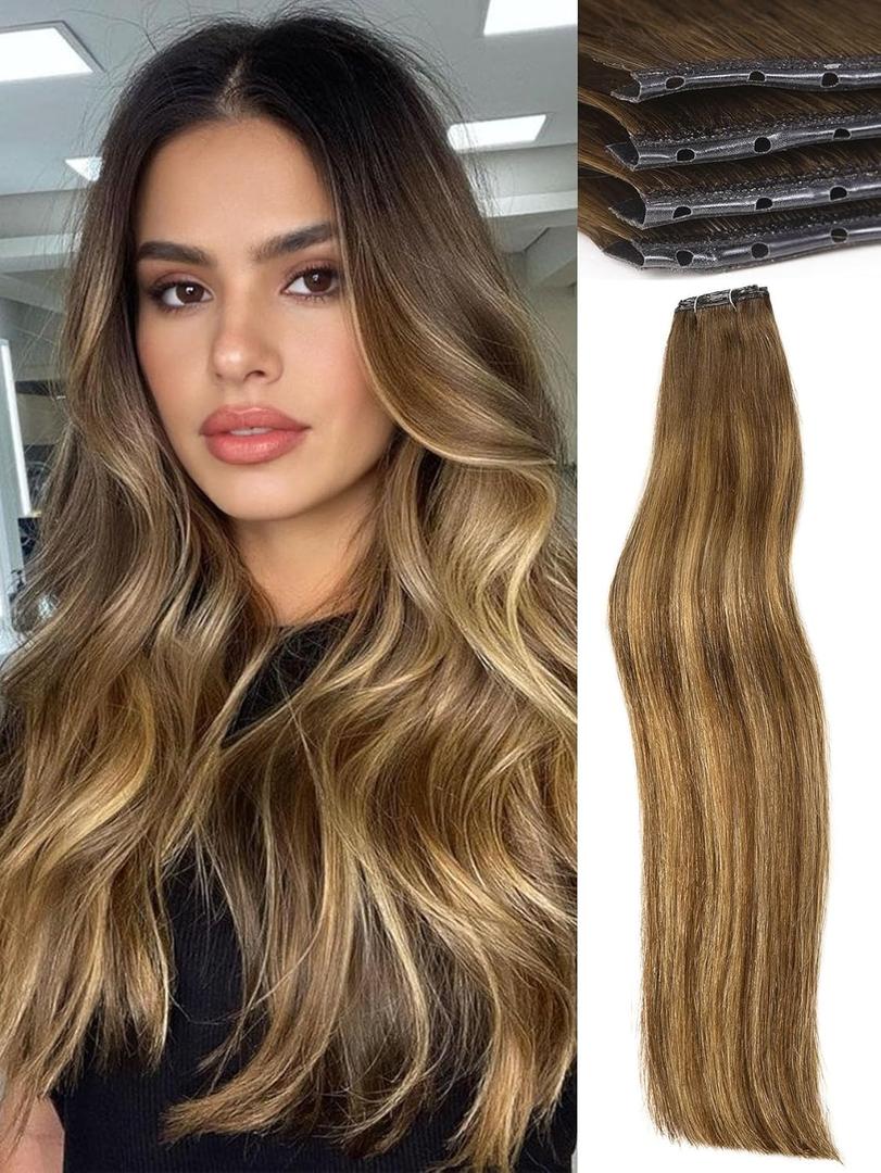 WIGNEE Double Butterfly Weft Invisible OVO Human Hair Extensions 18 Inch Micro Beads 100% Real Remy Human Hair Extensions T4/27 Highlight Honey Blonde Hair Extensions Real Human Hair for Strong Volume