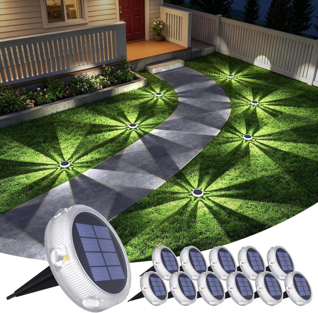 YiLaie Solar Ground Lights Outdoor IP68 Waterproof, Cold White 12 Pack | Flat Solar Driveway Lights Stick On & Stake,Disc Landscape Lighting Outside for Deck,Garden,Lawn,Pathway,Dock,Step,pool