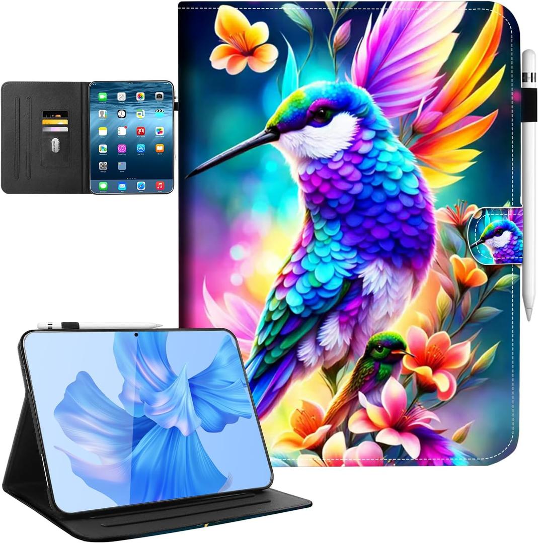iPad (A16) 11th Generation Case, iPad 10th Generation Case with Pencil Holder Women Girls Shockproof Multi-Angle View Adjustable Stand Magnetic Closure/Card Slots/Auto Wake Sleep, Flowers Hummingbird