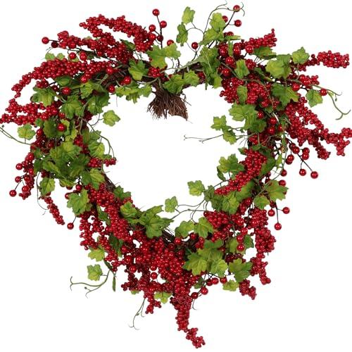 Pudate Valentines Day Wreath Heart Wreath with Red Berries Lush Green Ivy, Romantic Front Door Decoration for Spring Mother's Day, Perfect for Weddings & Indoor/Outdoor Farmhouse Décor