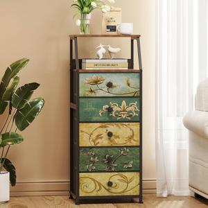 Tohomeor Nightstand with Fabric Drawers Dresser with 2 Tier Shelf Storage Tower for Bedroom Hallway Entryway Closet Organizer Sofa Beside Table Furniture (Multi, 5 Drawers)