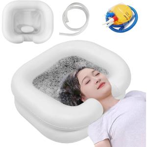 Inflatable Shampoo Basin, Portable Shampoo Bowl with Neck Support Drain Hose for bedridden People, Shampoo Sink for Those Elderly Disabled Pregnant Women Injured (Cream White)