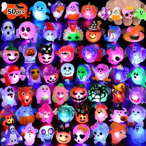 50 Pcs Halloween Treats Light Up Rings Toys Bulk 3D LED Flashing Glow In The Dark Rings Party Supplies Prizes Non Candy Treats Halloween Party Favors Gifts Toys Kids Adults Goodie Bag Stuffers