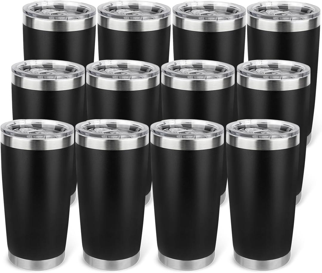 20oz Stainless Steel Tumbler Bulk with Lid, Travel Mug - Double Wall Vacuum Powder Coated Cup - Black, 12 Pack