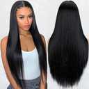 BYRON Natural Black Wig for Women Long Straight Wigs Middle Parting Lace Front Wig Silky Soft Smooth Remy Hair Synthetic Wigs Fashion Looking Full Wig Realistic Everyday Wig 26 Inch