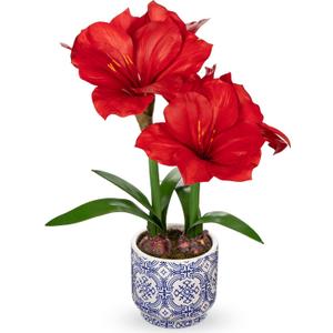 Briful Red Amaryllis Artificial Flowers in Blue Ceramic Pot 18.1" Faux Amaryllis Flower Arrangement with Decorative Bulbs Moss Silk Amaryllis Plant for Home Office Bathroom Table Shelf Dcor