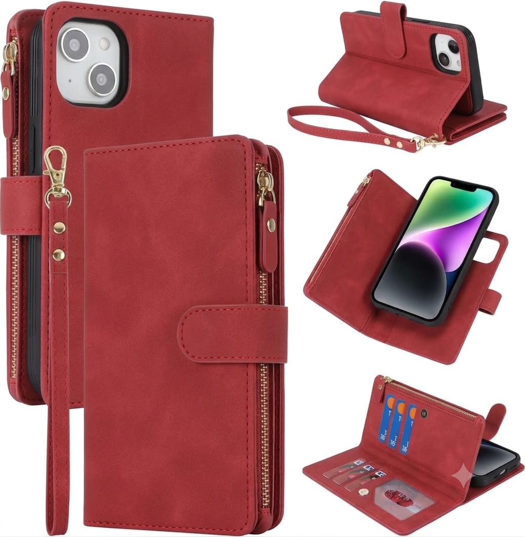 for iPhone 14 Pro Max Case,for iPhone 14promax Wallet Case,2 in 1 Detachable Wallet Magnetic Case PU Leather Folio Flip Cover with Zipper Coin Pocket & 6 Card Slots - Wine Red