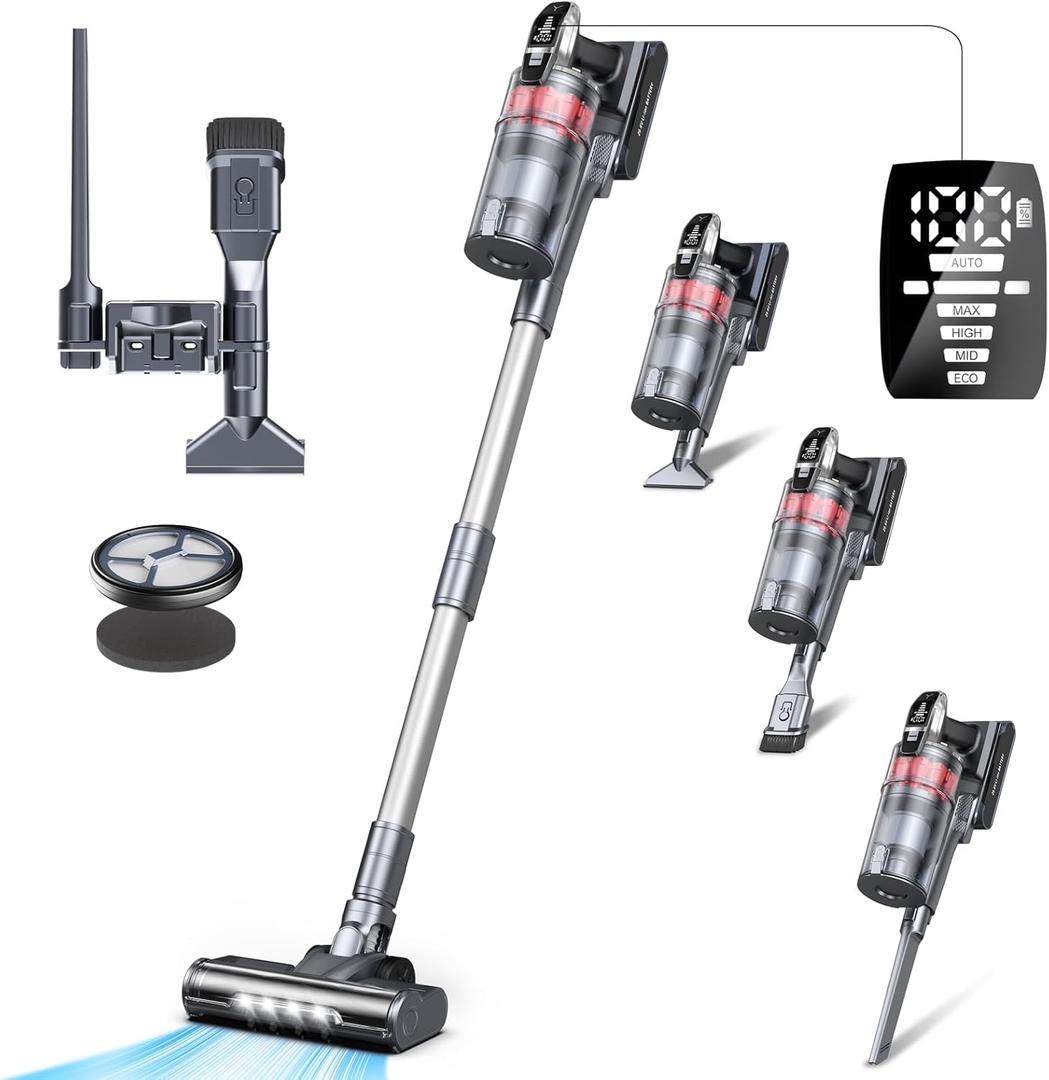 Cordless Vacuum Cleaner, 550W 45Kpa 60 Mins Runtime Vacuum Cleaners for Home, Stick Vacuum with Anti-Tangle, Auto Mode, 8-in-1 Rechargeable Vacuum for Carpet Hard Floor Pet Hair, V160 (Silver)